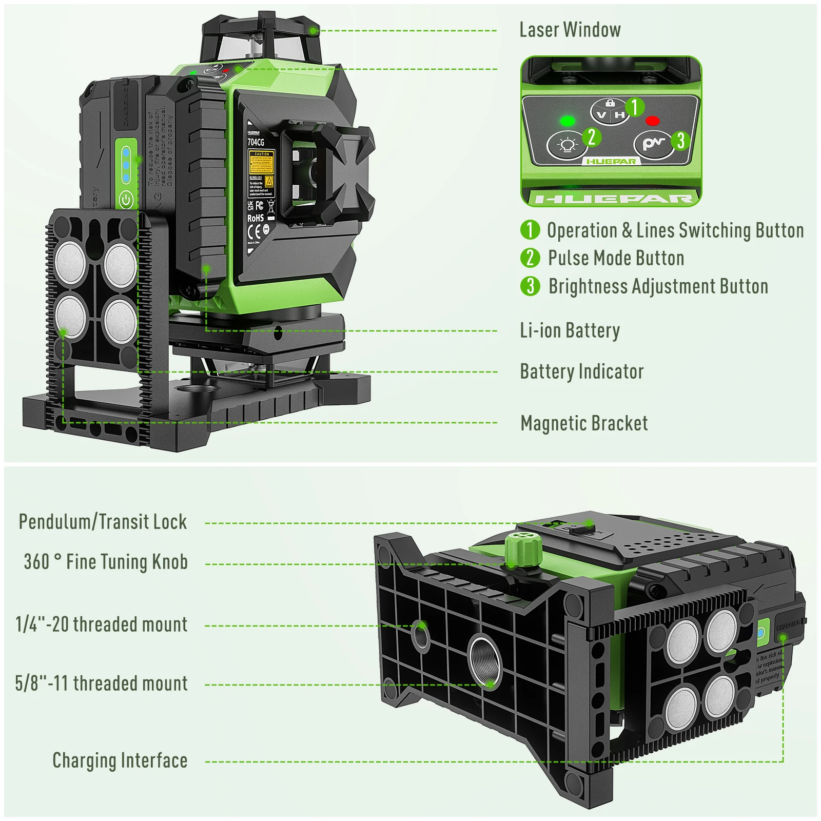 Laser Level 16 Lines 4D Green - هويبار 704CG أداة ليزر رقمية رباعية